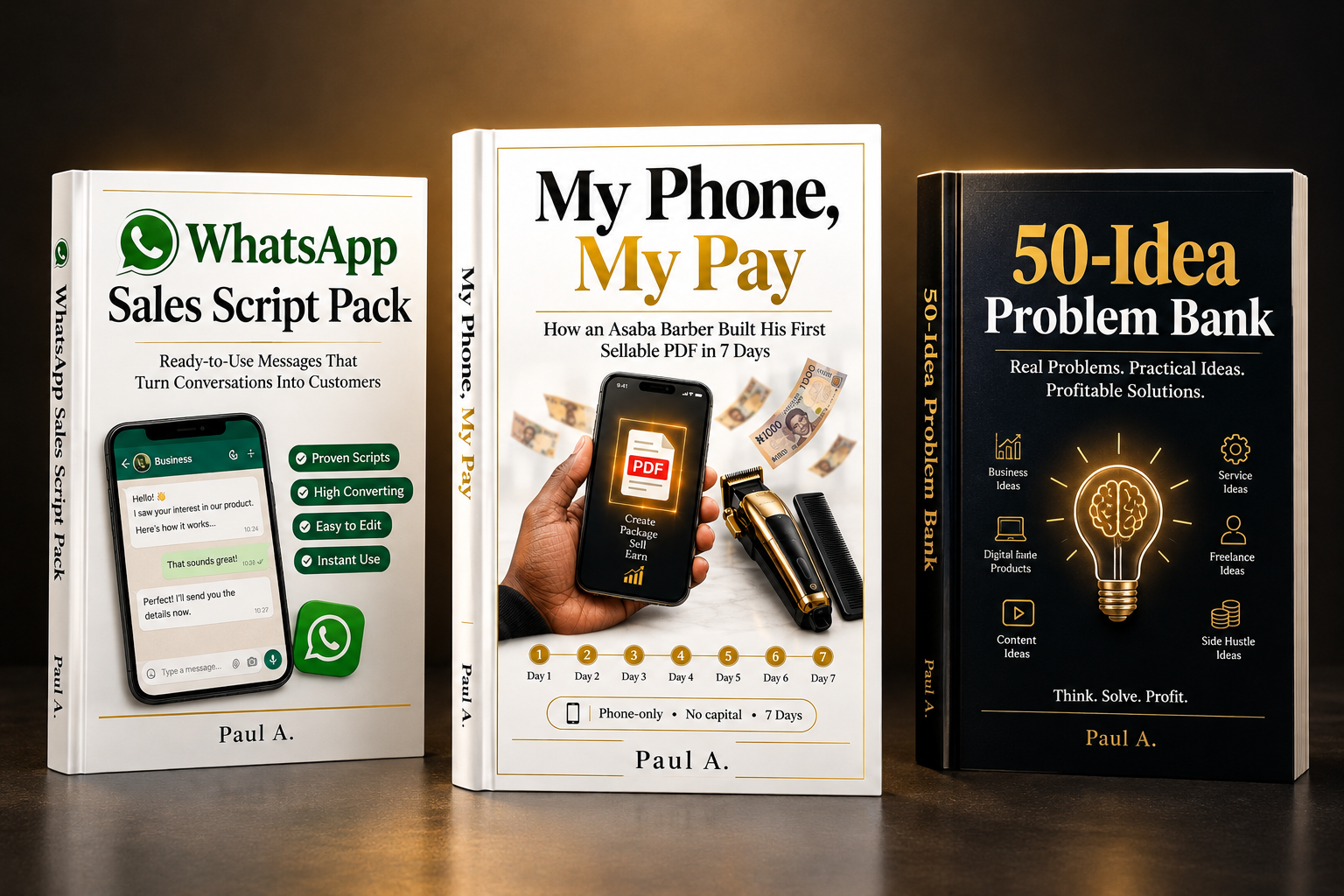 The complete My Phone, My Pay bundle: the main guide beside the WhatsApp Sales Script Pack and the 50-Idea Problem Bank
