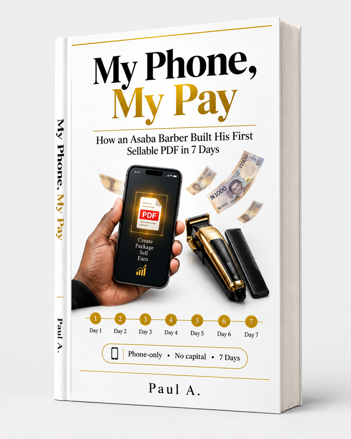 My Phone, My Pay ebook cover — a hand holding a smartphone with a PDF icon, barber clippers, and naira notes, with the 7-day plan shown below