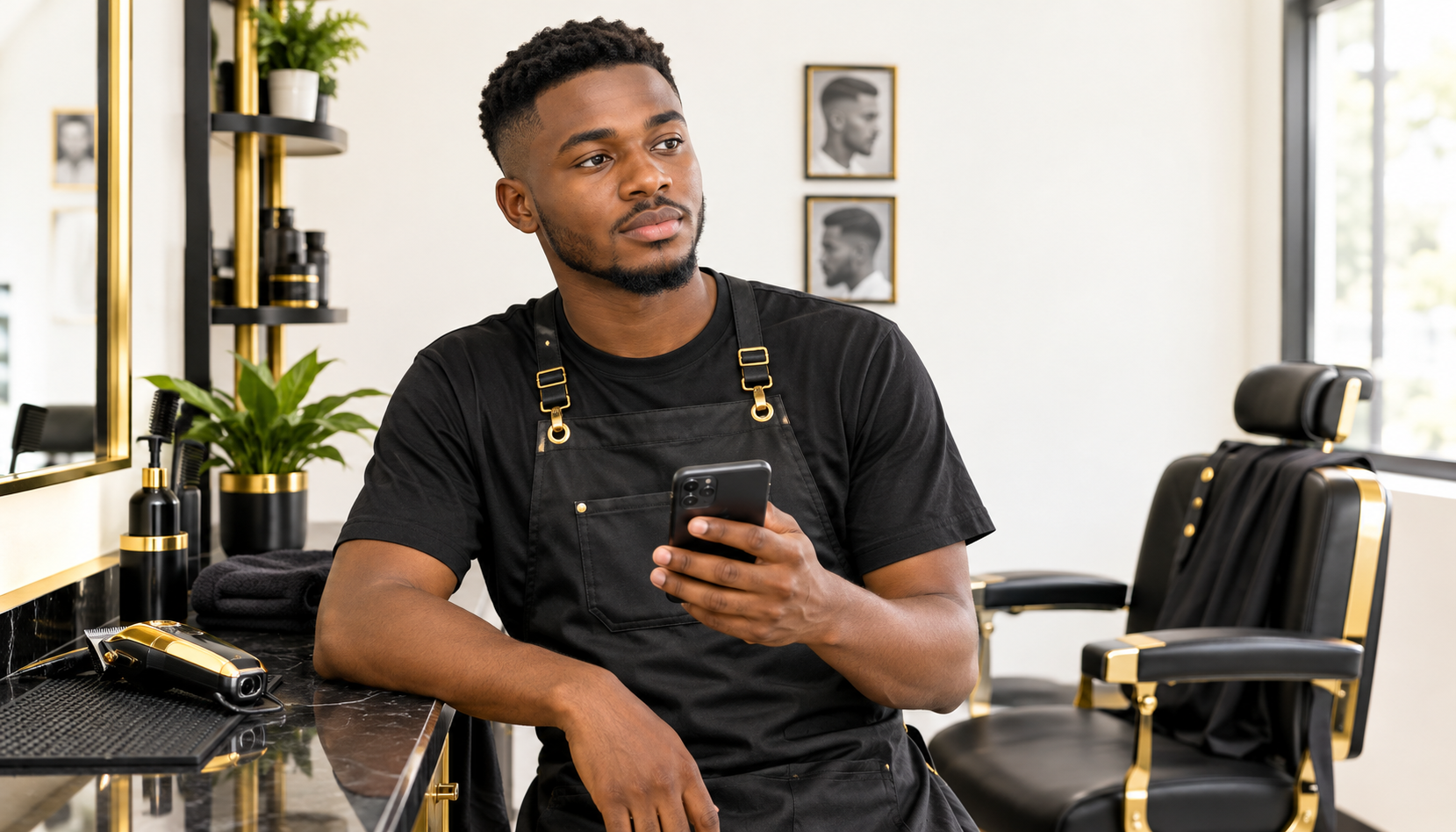 Paul, the author of My Phone, My Pay, standing in his Asaba barbershop holding his phone